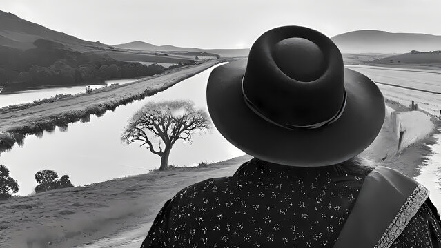Rear view of a person wearing a fedora hat looking at a scenic monochrome landscape with a winding river a lone bare tree hills and agricultural fields under a bright sky