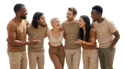 Fototapeta premium Diverse group of happy friends laughing together, isolated on transparent background cutout
