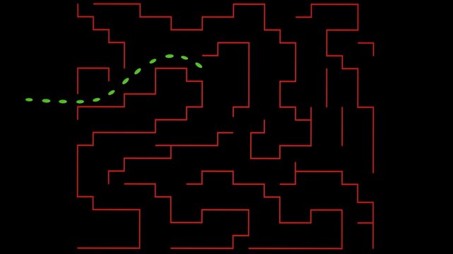 Bots solve maze. Particle system follow each other through complex paths. Bots problem solving. 3d animation simulation render