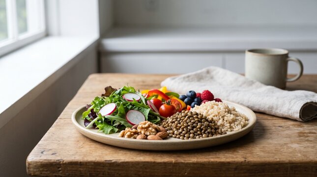 Balanced nutritious meal representing heart healthy eating and cardiovascular prevention. Suitable for World Heart Day campaigns, nutrition education, healthcare advertising, and corporate wellness co