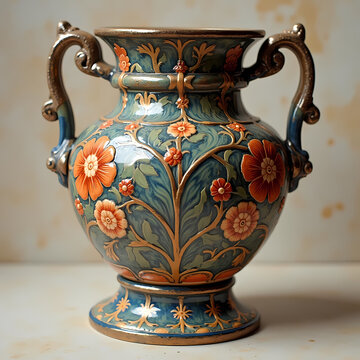 Ornate antique ceramic vase with elegant handles featuring intricate floral relief patterns in orange and gold over a blue teal glaze on a neutral background