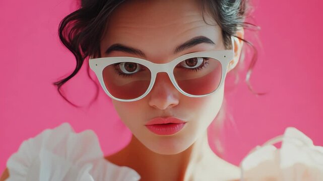Fashionable young lady with oversized sunglasses and a chic outfit.