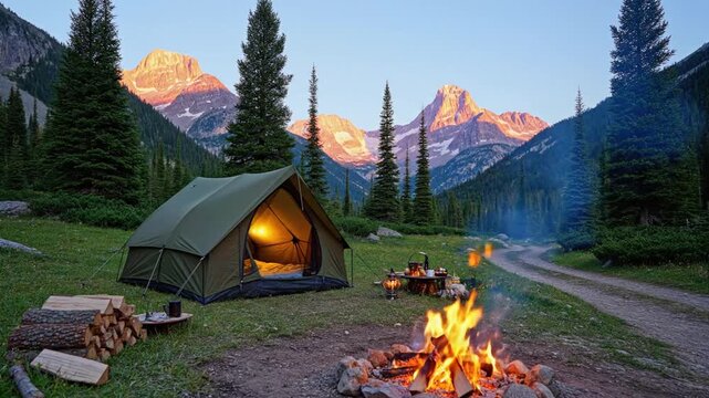 A cozy tent sits by a campfire in the mountain wilderness