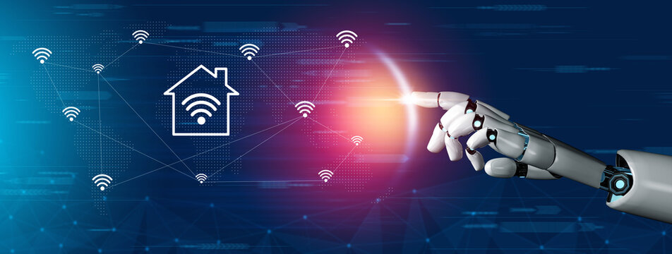 A robotic hand reaches towards a glowing home icon, representing the blend of advanced technology and smart home systems in a connected digital world. Gantry