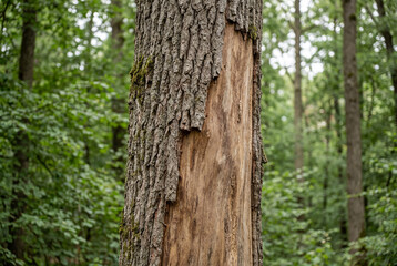 Obraz premium Damaged tree trunk missing bark in lush green summer forest