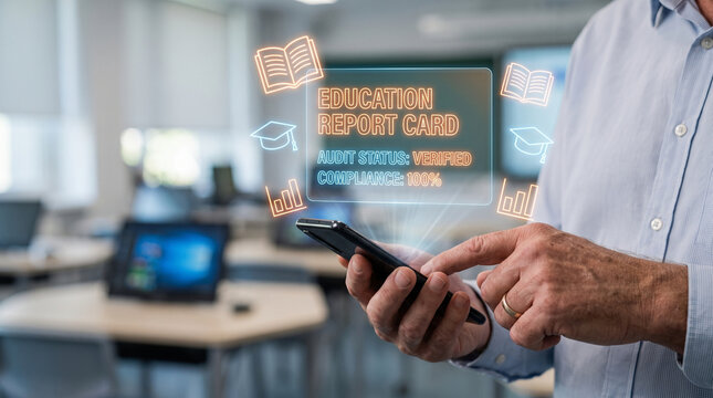 Digital education report card on smartphone, student academic audit and compliance tracking, futuristic learning technology interface