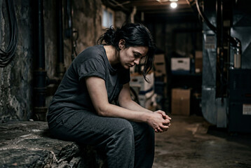 Obraz premium Depressed woman sitting alone in dark basement