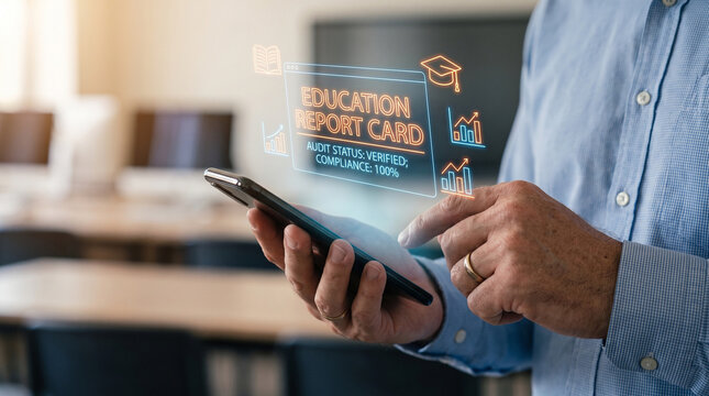 Digital education report card on smartphone screen, student academic performance tracking app, online school grading system interface