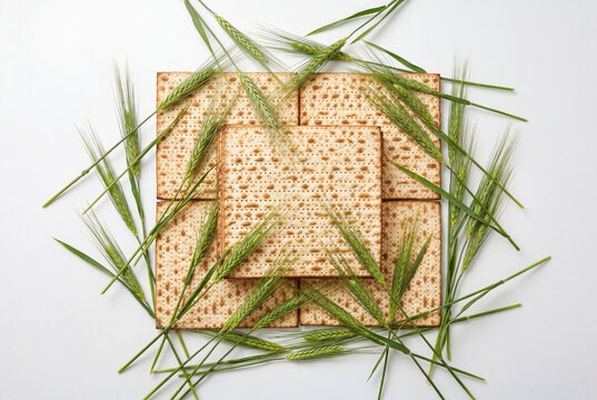 Stacked matzah bread arranged with green wheat spikes on white