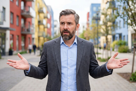 Confused bearded businessman shrugging on colorful city street