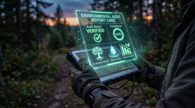 Environmental audit holographic display on tablet held by forestry worker in woods. Futuristic green technology concept showing 100% compliance, ecosystem health, and carbon footprint tracking.