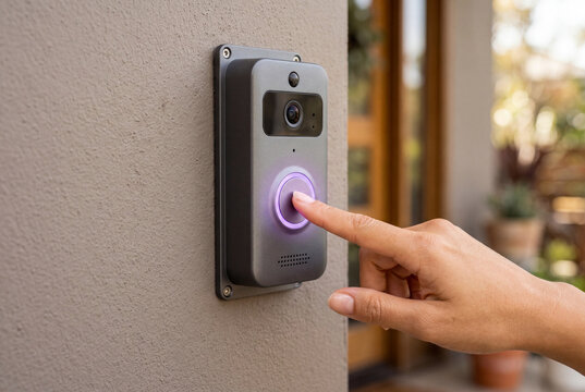 Finger pressing purple glowing button on smart video doorbell mounted on wall
