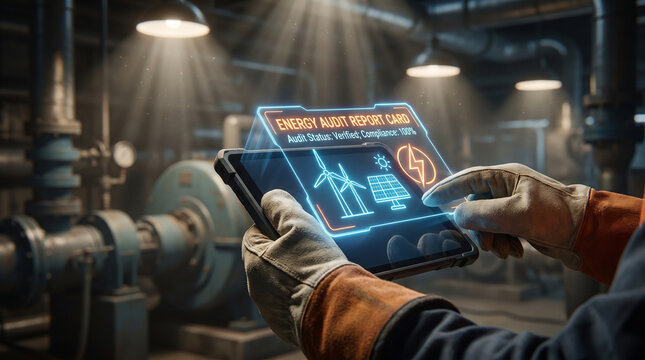 Industrial energy audit tablet held by factory worker, showing green compliance report with wind turbine and solar panel icons in a dimly lit manufacturing plant.