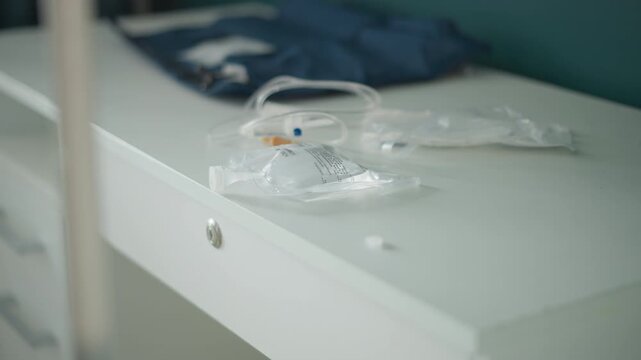 Oxygen mask on bedside table, transparent tubing and disposable cannula beside folded uniform, paramedic gear left after emergency call, nurse kit and sterile plastic packaging visible, calm domestic