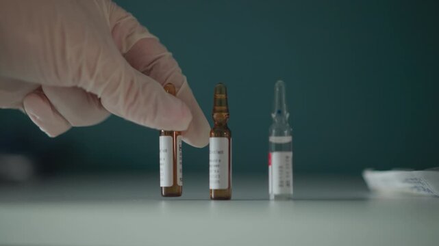 Gloved hand selects amber ampoules, tense clinic lighting and labeled vials on white surface, sterile gauze nearby, careful dosing gesture by medical technician preparing medication