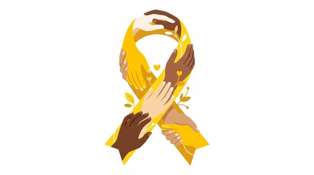 Yellow Awareness Ribbon Formed by Diverse Human Hands for Mental Health Support and Suicide Prevention
