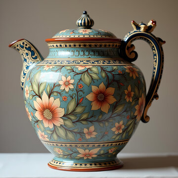Beautiful vintage ceramic teapot with intricate floral patterns hand painted decorative porcelain tea pot with ornate handle and lid in antique retro style