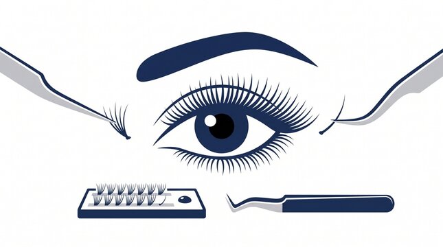 Elegant Vector Illustration of Professional Eyelash Extension Treatment with Defined Female Eye and Lash Application Tools