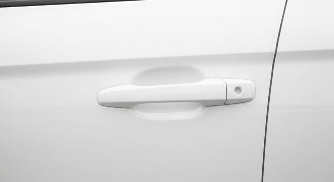 White car door handle featuring a sleek modern design captured in a clean minimalist close up shot showing bright lighting and smooth automotive surface texture details