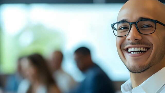 A man wearing a white shirt and glasses is smiling broadly at the camera. He appears joyful and engaged, possibly in a professional or formal setting.
