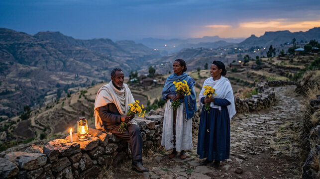 Meskel flower ceremony at dusk on an Ethiopian hillside