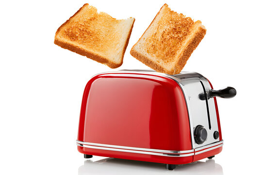 Roasted toasts popping out of a red toaster, isolated on white background