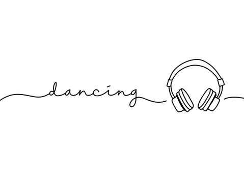 Minimalist line art of headphones with dancing text