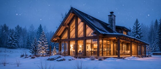 Obraz premium Panoramic view of a modern timber cabin with glowing interior lights and large glass windows, nestled in a snow-covered pine forest at twilight with falling snow and warm ambiance