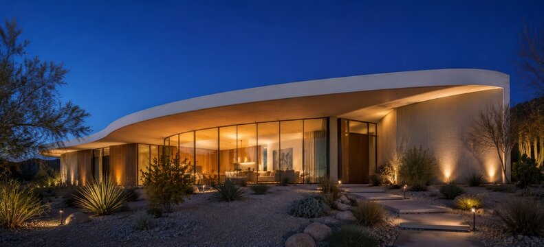 Single-story modern desert residence featuring a sweeping curved roofline, floor-to-ceiling glass facade, warm exterior lighting and xeriscaped landscaping captured at twilight