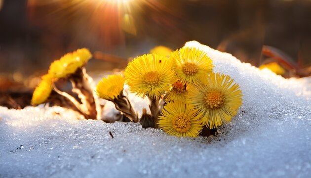 Tussilago Farfara Flowers Under Melting Snow In The Rays Of The Sun