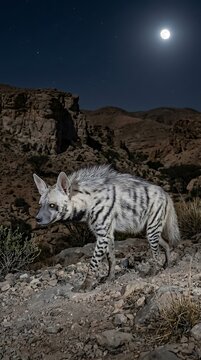 Striped Hyena Night Moonlit Rocky Desert Arabian Peninsula Nocturnal Wildlife