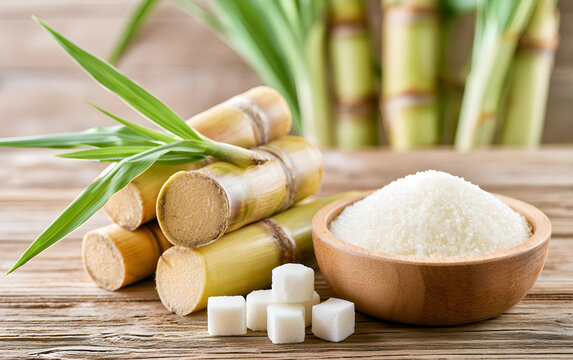 White sugar with fresh sugar cane on wooden table with sugar cane plantation farming background.