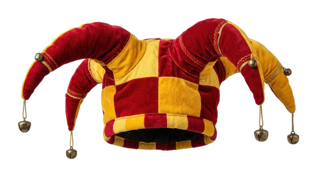 A vibrant red and yellow jester hat with jingling bells captured in a clean studio shot against a plain white background.