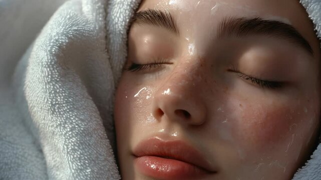 Soft white towel wraps around young woman's head. Her eyes gently closed, skin glistens with mask. Relaxed expression suggests calm, self-care moment. Warm lighting enhances natural skin tones