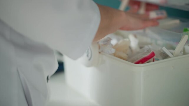 Paramedic hands restocking emergency supply box, quick organized movement in clinical home environment, sorting dressings and syringes into plastic container, practical field preparation for urgent