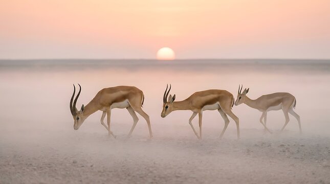 Arabian Gazelle Herd UAE Desert Sunrise Mist Gravel Plain Wildlife Photography