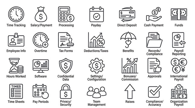 Payroll and time tracking icons displaying business management, salary payments, and corporate accounting features are set in rows.