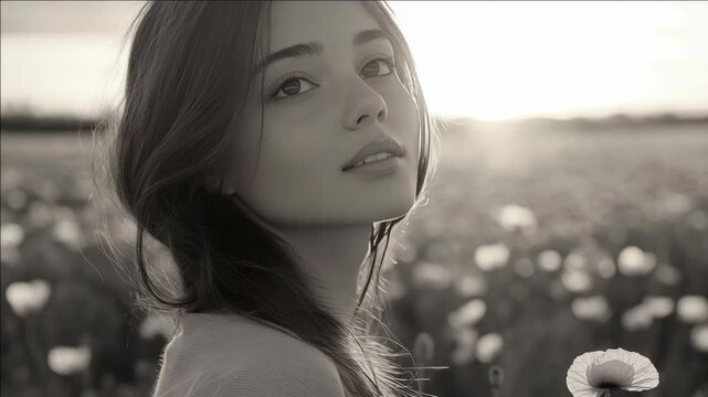 Soft sunlight glows behind young woman. She stands in quiet field of blooming flowers. Gentle breeze rustles her loose hair. Her gaze meets the viewer with calm serenity. Natural tones evoke peace