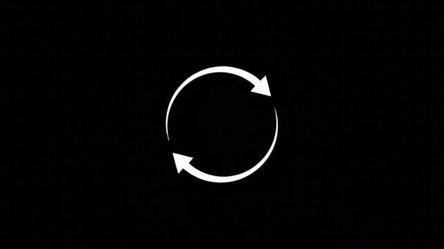 Minimalist white loading icon on black background. Rotating circular arrows animation. Buffering and sync progress symbol for UI design.