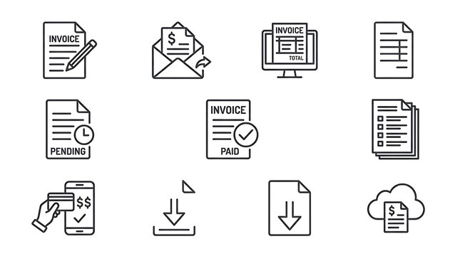 Invoice and payment line icon set illustrates financial document management, online transactions, and billing processes.