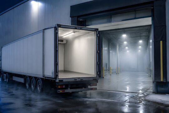 Cold Storage Dock with Blank Refrigerated Container Open Loading Bay Cool Fog and Industrial Lighting