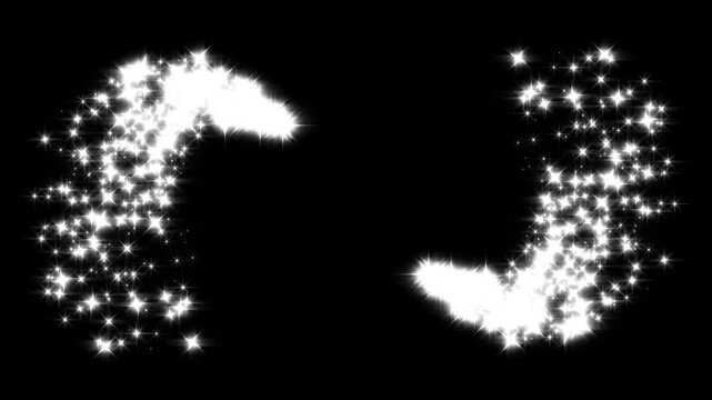 Glittering white sparkle particles bursting in symmetry with glowing light trail starburst effect magic stardust sparkling particle shower visualizer on black screen background overlay element. 4k