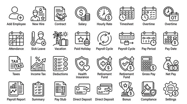 Payroll icons illustrate human resources and compensation management workflows within a professional business context.