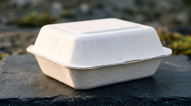 White sugarcane bagasse food takeout container mockup on slate stone outdoors