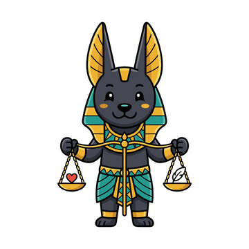 Cute Anubis mascot holding a balance scale with heart and feather isolated on white