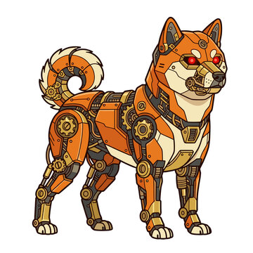 Cyberpunk robotic Shiba Inu dog with glowing red eyes and mechanical armor in futuristic tech style