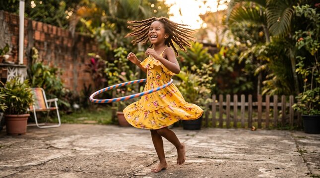 Joyful Afro-Brazilian girl with dreadlocks spinning a hula hoop in a sunny backyard on Children's Day brazilian spring atmosphere