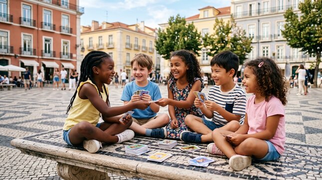 Diverse Brazilian children joyfully playing cards in a sunlit town square celebrating Children's Day brazilian spring atmosphere