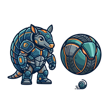 Armadillo mascot character in futuristic armor standing and rolling into a defensive ball
