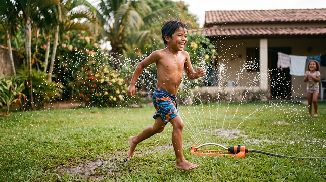 Joyful Brazilian boy running through sprinkler on sunny day celebrating Childrens Day authentic childhood fun brazilian spring atmosphere